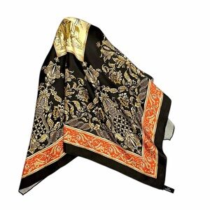 JIM THOMPSON Twill Silk Scarf Black Tan Red Elephant and Floral Trim Hand Rolled